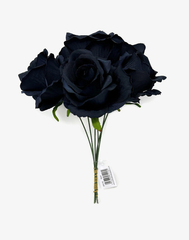 6 Wired Stem Rose Bundle x 27cm - Navy Blue-Black