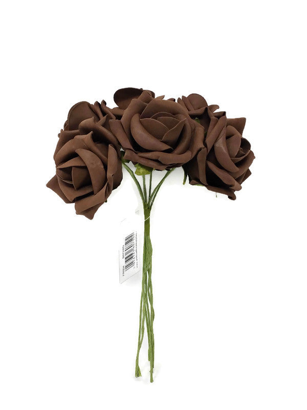 6 Head Foam Rose Bunch - Brown