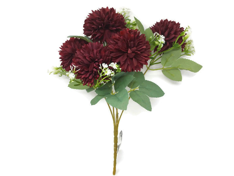 5 Stem Spiky Chrysanthemum Bush x 30cm - Burgundy