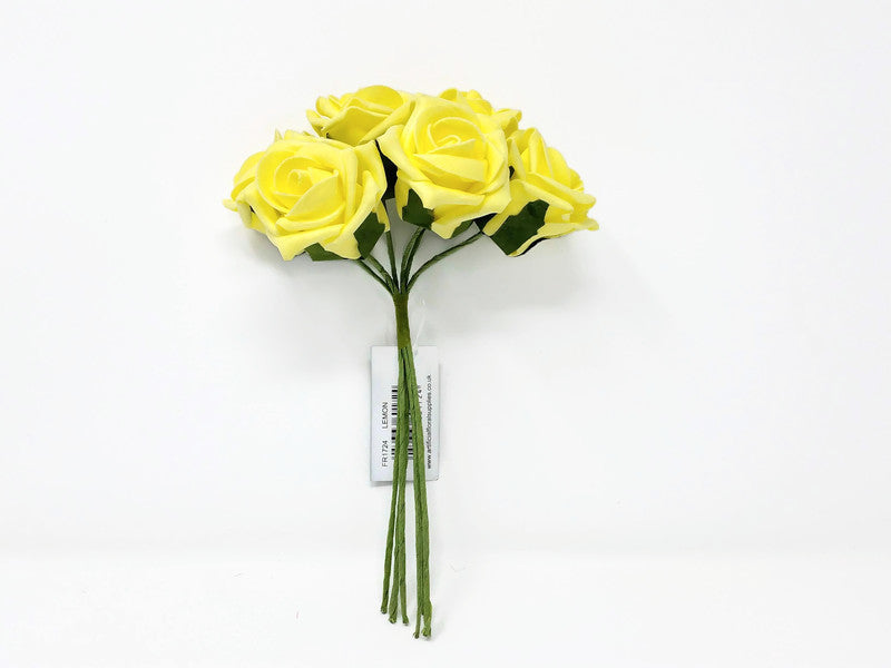 6 Head Foam Rose Bunch - Lemon