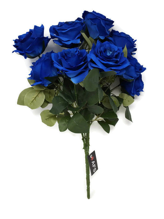 10 Head Artificial Rose Bush x 44cm - Royal Blue