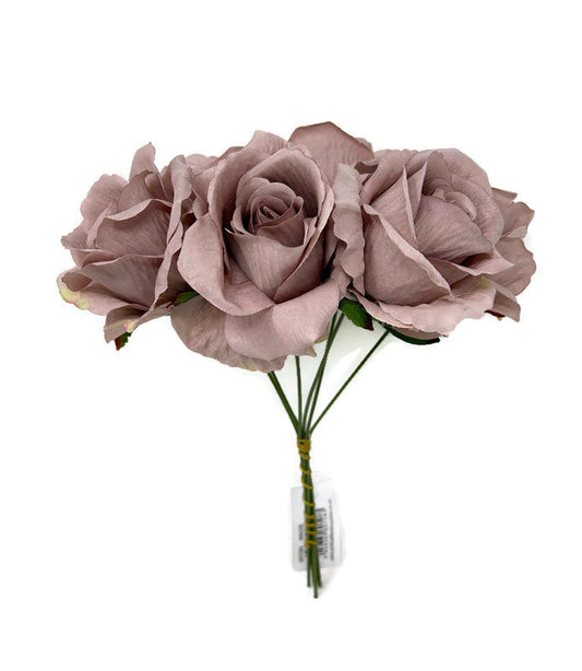 6 Wired Stem Rose Bundle x 27cm - Dusky Mauve