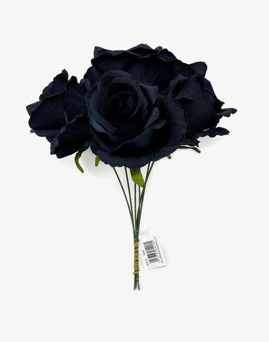 6 Wired Stem Rose Bundle x 27cm - Navy Blue-Black
