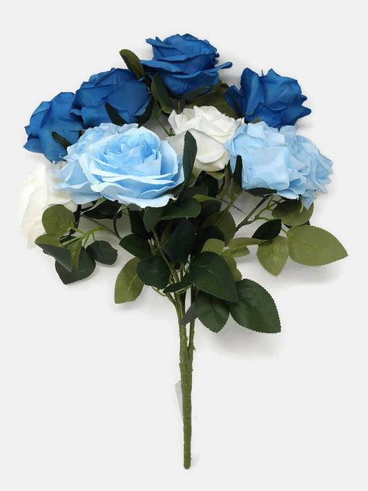 10 Head Open Rose Bush - Blue & White
