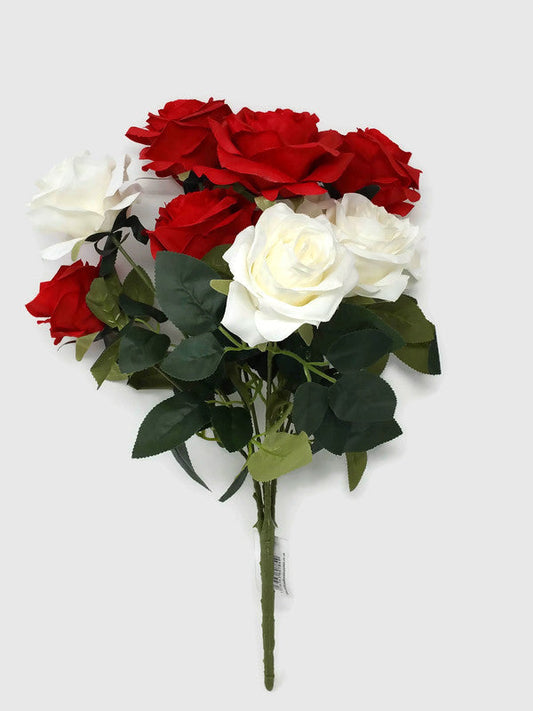 10 Head Open Rose Bush - Red & White/Ivory